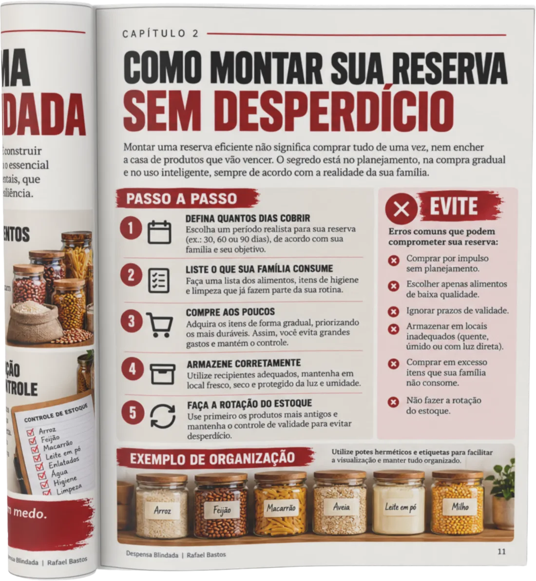 Páginas internas do guia Despensa Blindada mostrando o passo a passo para montar uma reserva sem desperdício